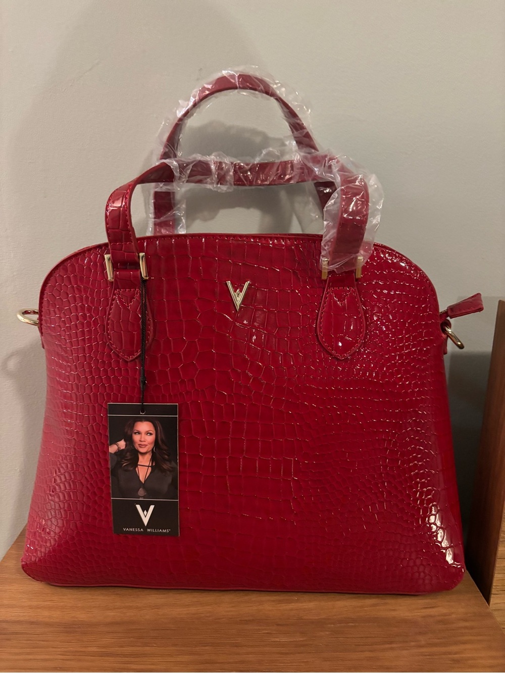Vanessa Williams Lush round satchel vibrant red crocodile-embossed faux leather